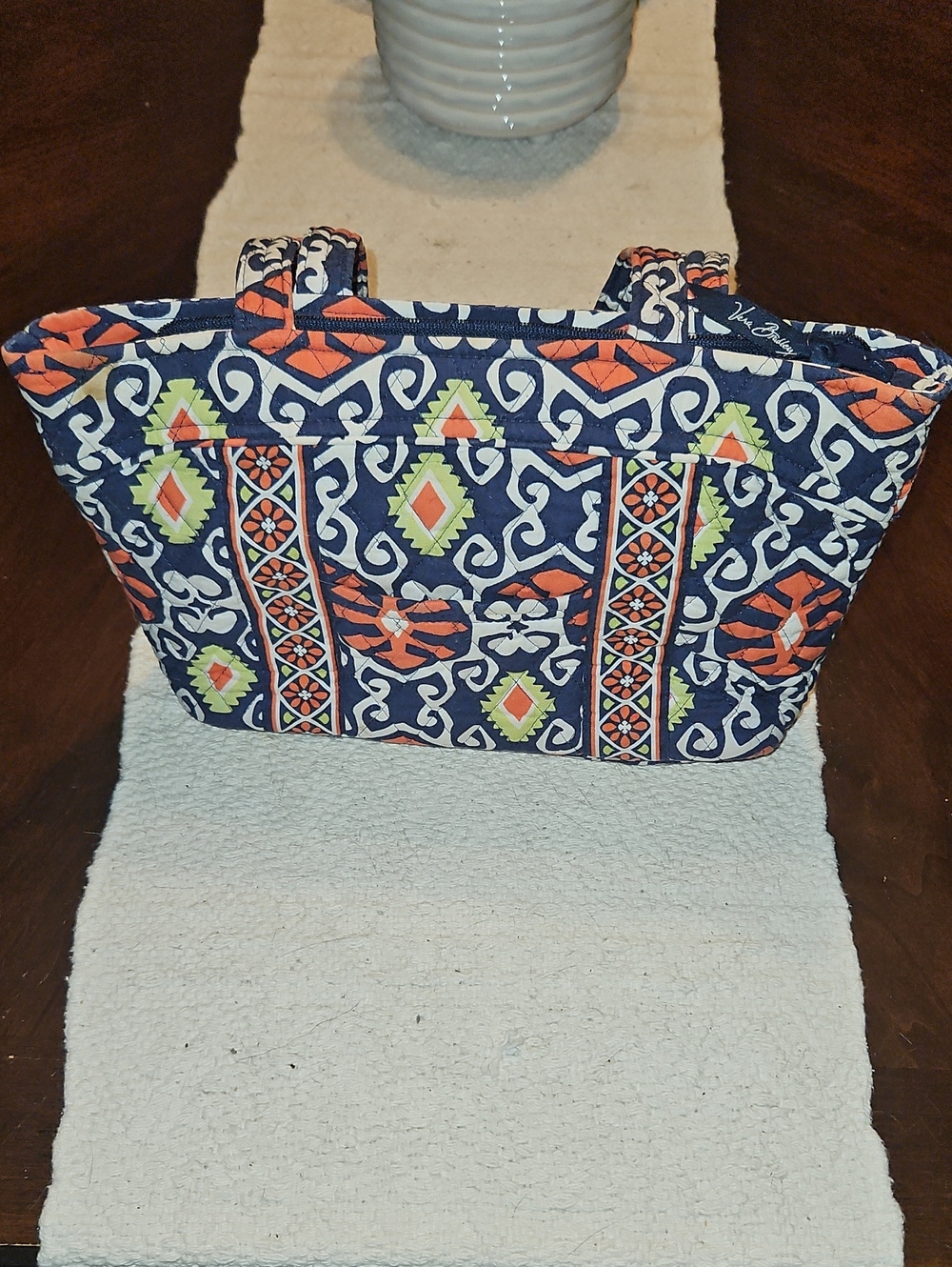 Vera Bradley Navy Quilted Tote with Orange and Lime Geo Accents
